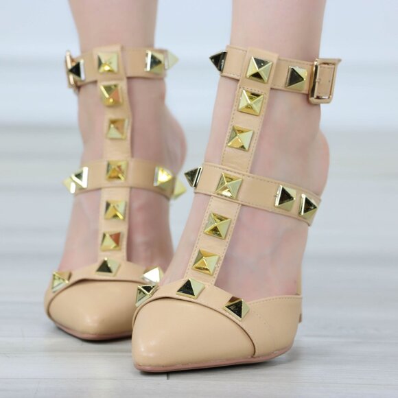 Gladiator High Heels Pointed Toe Stilettos Trendy Gold Studs Ankle Strap - Picture 5 of 14